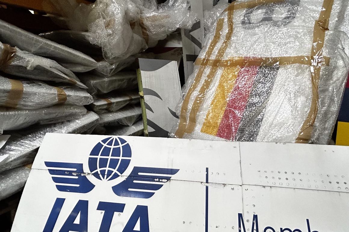 An IATA legend cut from the fuselage of a Lufthansa Airbus A320, in the Vienna store.